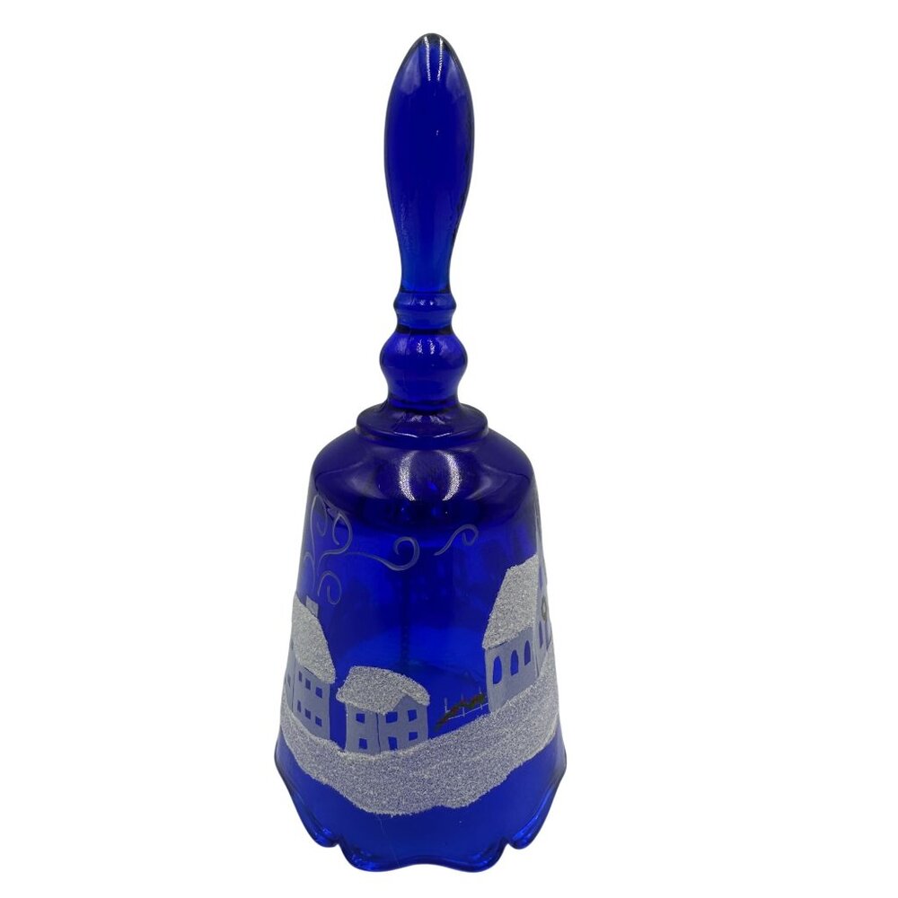 Fenton Art Glass Hand-Painted Cobalt Blue Glass Bell 2005 Christmas Scene Winter
